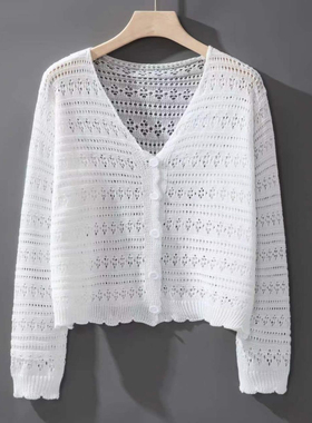 白色镂空针织开衫女秋季薄款冰丝披肩外搭配吊带裙子空调衫上衣