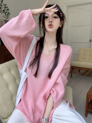 粉色V领针织衫女秋季2024新款慵懒风宽松中长款毛衣开叉上衣外套