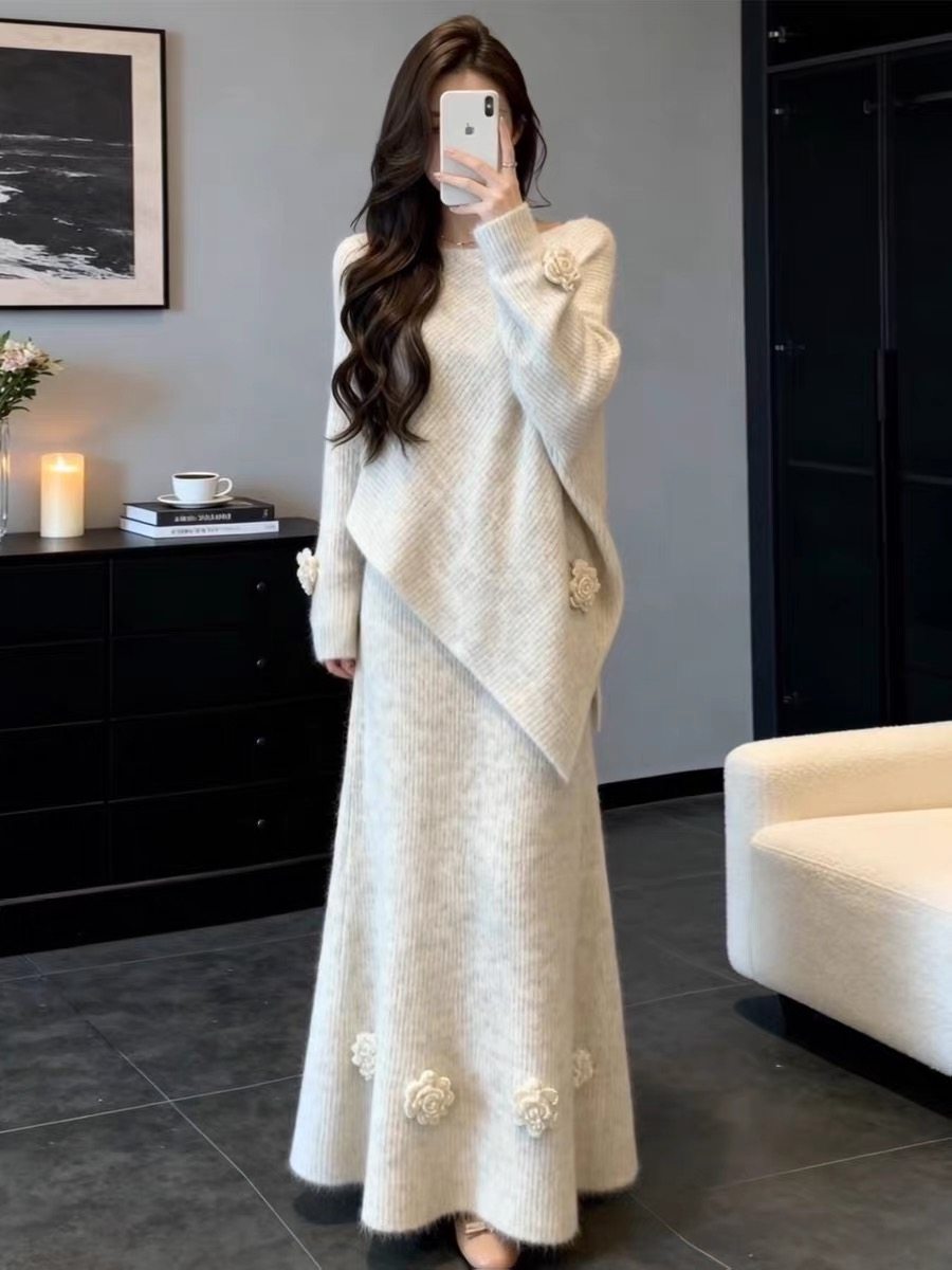 韩系温柔风时尚针织半身裙套装女秋冬季宽松显瘦气质毛衣套装裙子