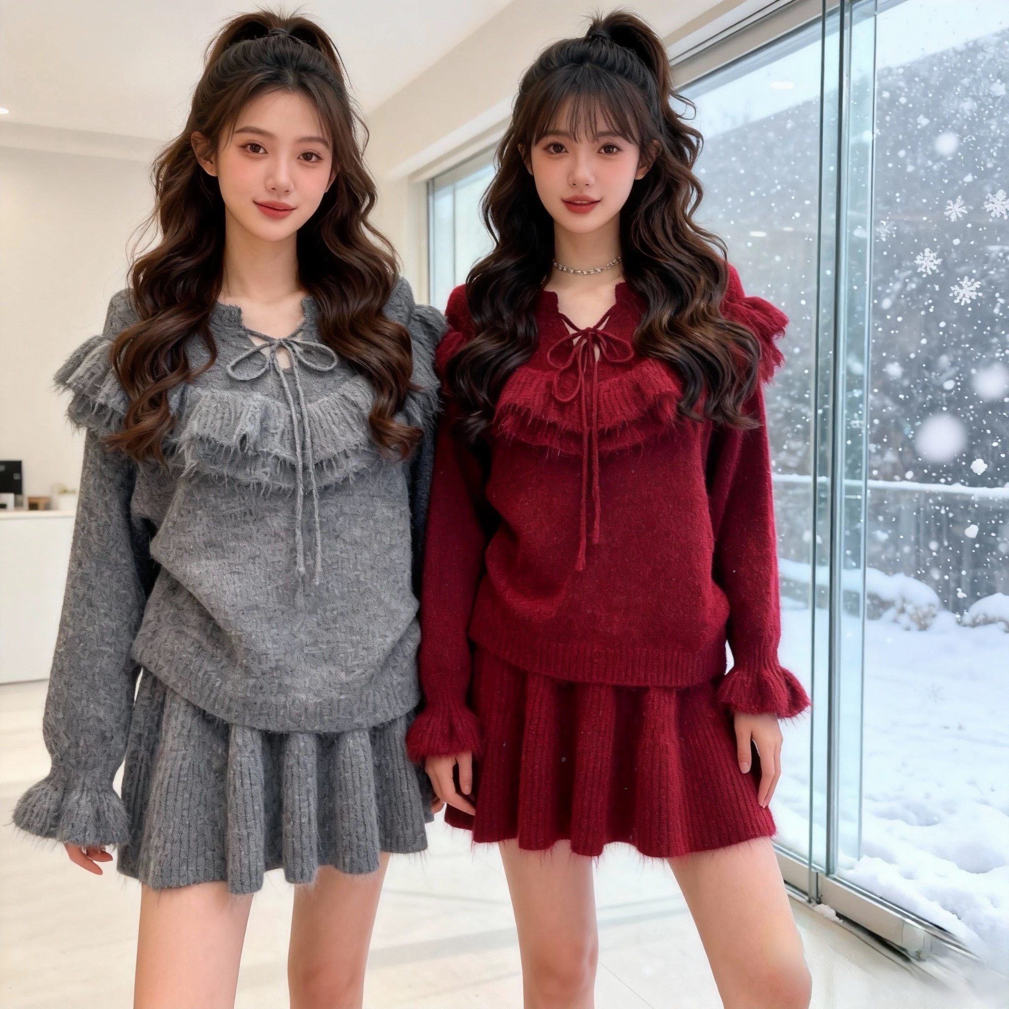 春装韩系穿搭一整套针织套头荷叶边系带毛衣短裙套装减龄两件套女,女装/女士精品,毛衣,淘宝优惠券,粉丝福利购,淘宝优惠卷