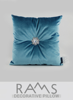 欧式高档沙发靠枕时尚现代样板房抱枕水钻装饰靠包纯蓝色方枕含芯