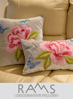 新中式沙发靠垫抱枕套中国风样板房靠枕床头方枕白色牡丹刺绣抱枕