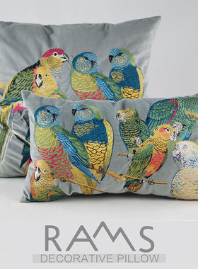 RAMS美式乡村样板房真皮沙发灰色绒布靠垫抱枕套刺绣彩色鹦鹉靠包
