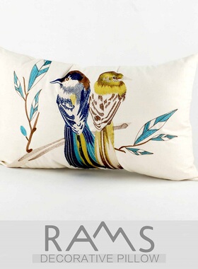 美式乡村样板房沙发床头藤椅靠垫抱枕 小清新全棉双鸟绣花靠枕