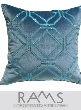 欧式沙发抱枕现代别墅客厅样板房丝绒亮片几何刺绣蓝色抱枕套靠垫