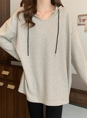 实拍2025秋季新款韩版大码条纹连帽宽松胖妹妹遮肚百搭T上衣