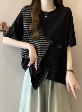 实拍 胖妹妹2024夏季新款小众设计款假两件时尚宽松显瘦短袖T恤