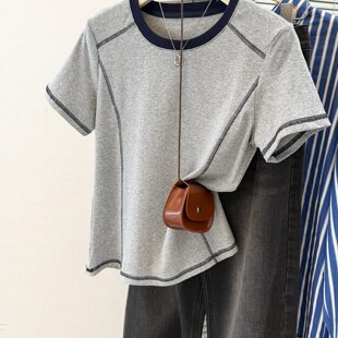 实拍纯棉罗纹新款夏季撞色明线短袖T恤女圆领正肩修身显瘦上衣