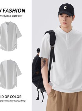 实拍2026夏季新款潮牌简约短袖亨利领POLO衫男款纯色T恤