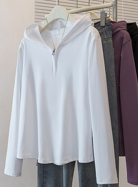 实拍大码女装简约连帽长袖t恤女早秋胖妹妹宽松洋气百搭休闲上衣