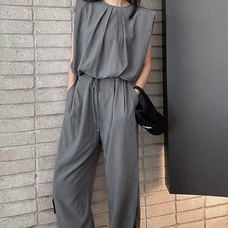 韩国chic压褶背心衬衫高腰西裤休闲长裤套装女