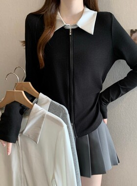 实拍~大码胖MM春季新款撞色拼接POLO领双拉链收腰正肩长袖上衣T恤
