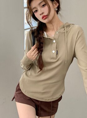 实拍2025春装新款女卫衣潮气质打底上衣短款修身连帽t恤