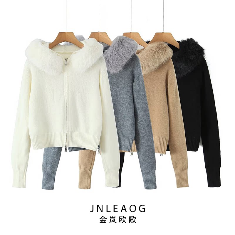 Qadın payız jaket-sviteri, saxta xəz yaxalı, fermuarlı