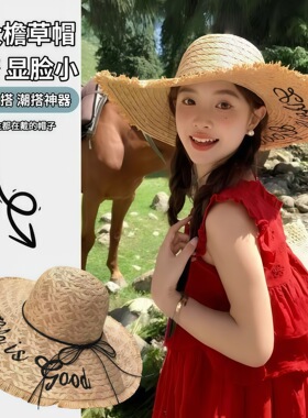 夏季海边度假遮阳草帽字母刺绣毛边大沿沙滩太阳帽女出游防晒帽子