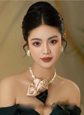 法式新娘缎面香槟色花朵头饰发饰项链发带手套婚纱黑色礼服配饰品