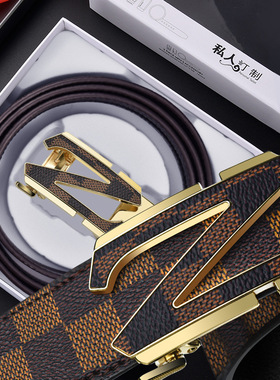 男士真牛皮格纹自动扣腰带休闲百搭ZBHG字母扣礼盒装爆款