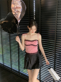 LXLILIUM【纯情小猫咪】粉色印花蕾丝边吊带女夏季外穿短款上衣