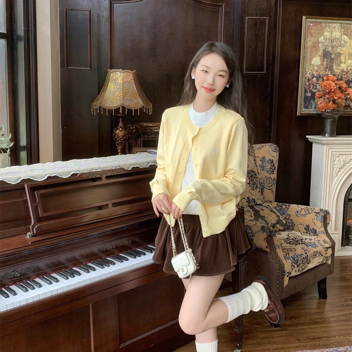 LXLILIUM【海盐奶酪】嫩黄色假两件长袖针织上衣女秋冬刺绣毛衣