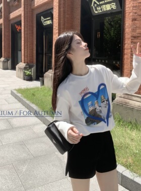 LXLILIUM 慵懒天菜 白色全棉印花长袖T恤女秋季宽松oversizet上衣