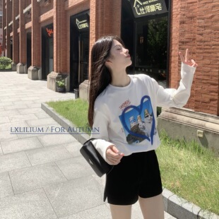 LXLILIUM 慵懒天菜 白色全棉印花长袖T恤女秋季宽松oversizet上衣