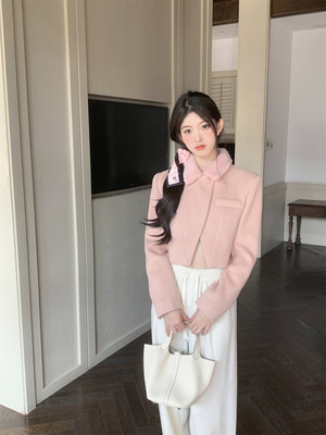粉色毛呢短外套女秋冬季