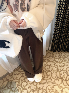 LXLILIUM【摩卡特调】咖啡色呢料软糯休闲长裤女秋冬松紧腰阔腿裤