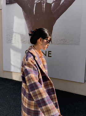 LXLILIUM定制款原创90羊毛紫黄色格子韩版气质羊呢大衣11.11