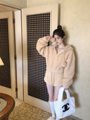 女秋冬短裤 LXLILIUM 杏咖色小熊耳帽厚毛绒羊羔毛卫衣套装 两件套
