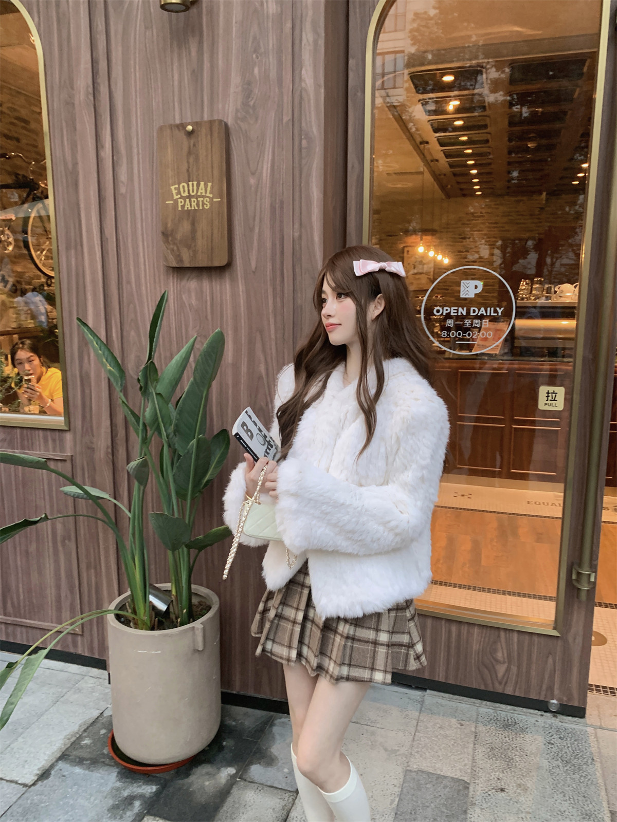 LXLILIUM【初雪漫漫】白色连帽手工编织兔绒毛皮草外套女冬季大衣