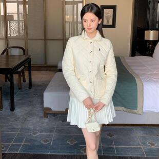 LXLILIUM【微醺格兰德】米色菱格棉衣女冬季小翻领短款棉服外套