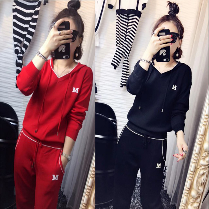 欧洲站2018秋装新款连帽冰丝针织套装女长袖上衣运动休闲裤两件套