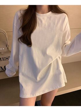 白色长袖t恤女2025春夏新款学生圆领宽松内搭打底衫纯色短袖上衣