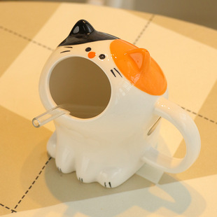 创意可爱卡通猫咪大嘴马克杯办公室吸管水杯伴手礼摆件高颜值杯子