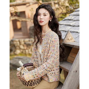 谜秀甜美网织镂空针织开衫女2025春装新款罩衫彩虹纽扣外套上衣女