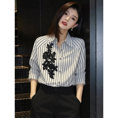 轻奢法式小资设计感上衣钉珠刺绣高级气质长袖条纹衬衫女早春新款