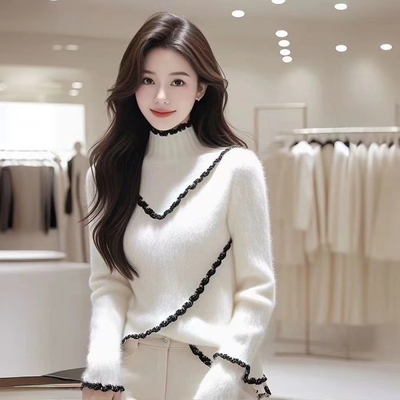 高级感白色毛衣女冬季超好看修身高领小众设计感加厚洋气针织上衣