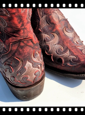 美国进口 DANPOST 西部风格牛仔靴 男款暗红色牛仔靴 美洲光芒