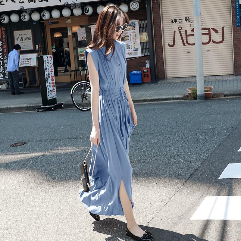 及踝長裙女學生夏超長加長款收腰顯瘦到腳踝氣質冷淡風超仙連衣裙