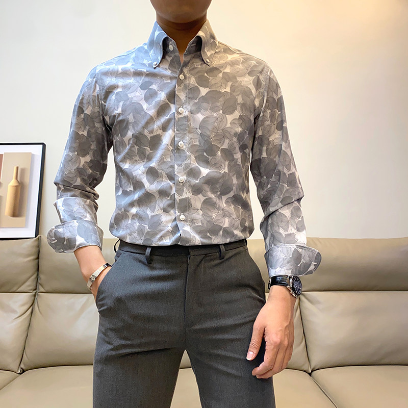 英伦复古休闲长袖花衬衫男
