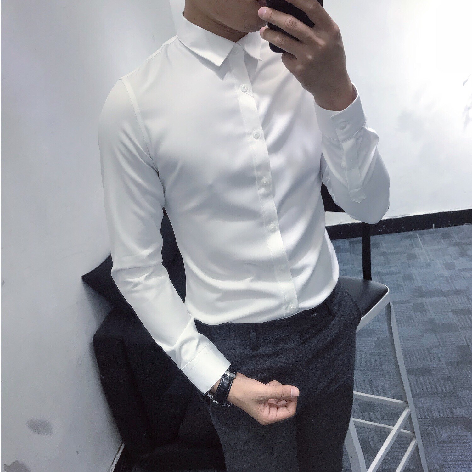 简约商务长袖衬衫青年休闲百搭