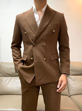 秋季新款英伦休闲双排扣西装套装男修身韩版商务正装西服两件套潮
