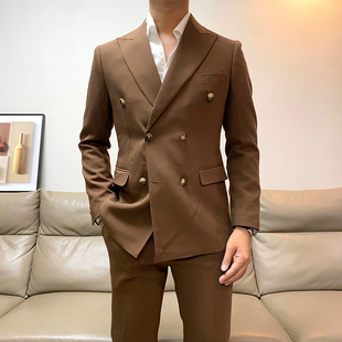 套装 英伦休闲双排扣西装 新款 西服两件套潮 韩版 商务正装 男修身 秋季