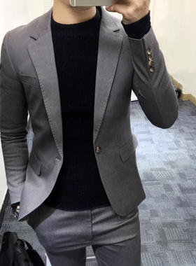 韩国新款时尚欧美英伦风西服套装配长裤 男士修身两件套西装 潮