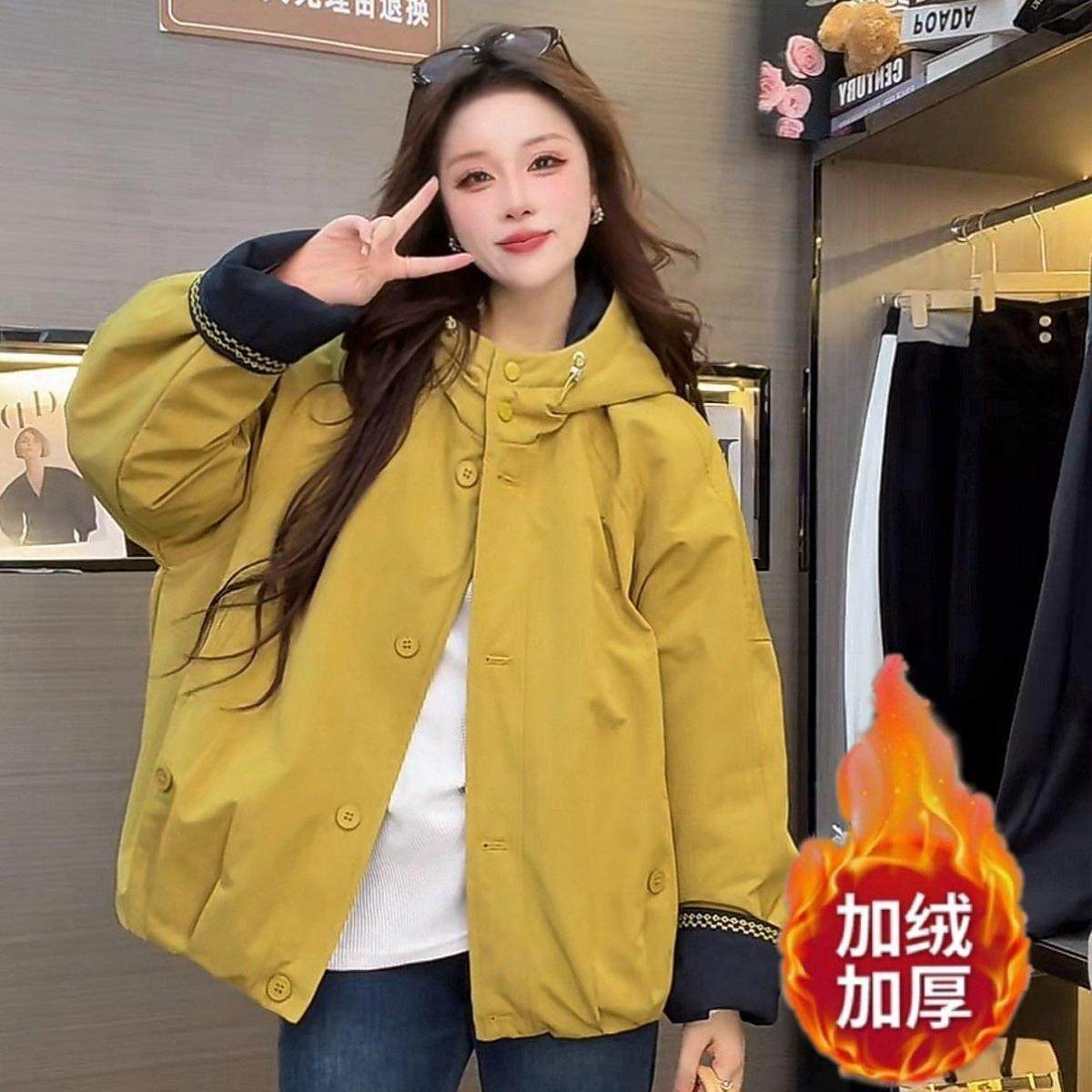 连帽短外套女2026秋冬新款韩版宽松显瘦上衣休闲刺绣加绒加厚外穿