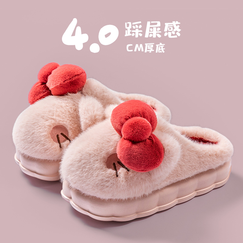可爱蝴蝶结猫咪棉拖鞋女2025新款秋冬季月子毛绒保暖室内厚底拖鞋