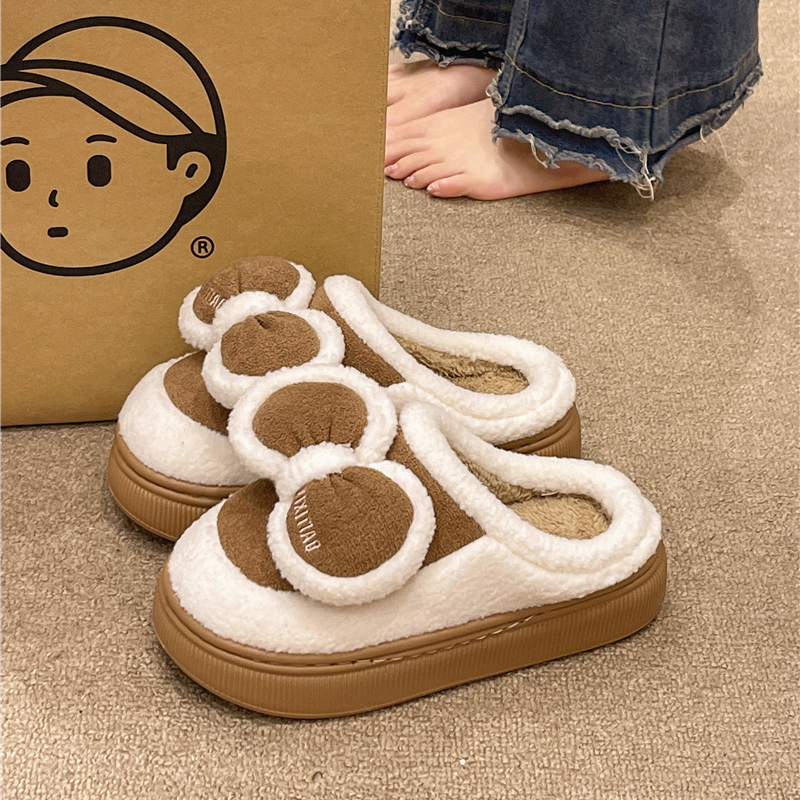 厚底棉拖鞋女秋冬季新款外穿可爱蝴蝶结拼色室内家用毛绒保暖拖鞋