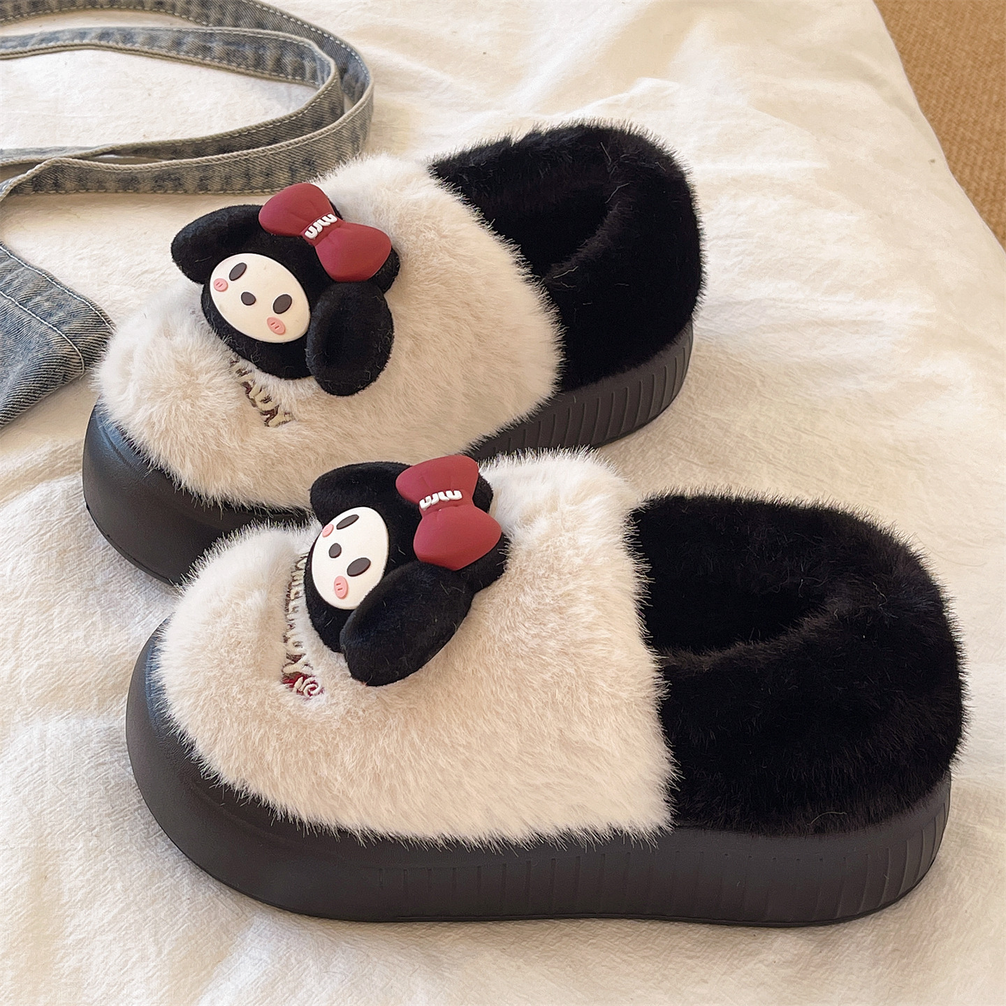 可爱蝴蝶结女孩棉拖鞋女款冬季室内居家防滑保暖毛绒包跟月子棉鞋