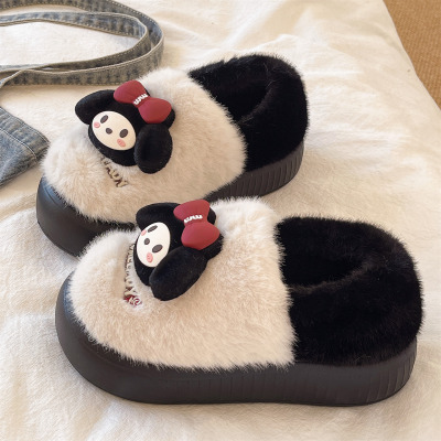 可爱蝴蝶结女孩棉拖鞋女款冬季室内居家防滑保暖毛绒包跟月子棉鞋