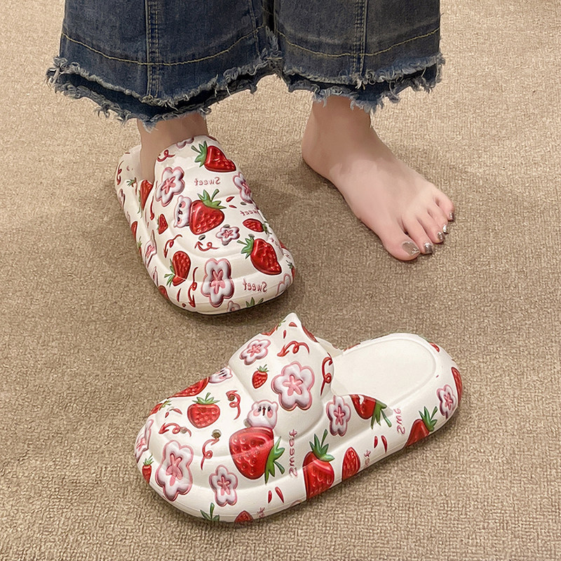 2025新款洞洞鞋女夏季可爱印花草莓厚底防滑沙滩可外穿包头凉拖鞋